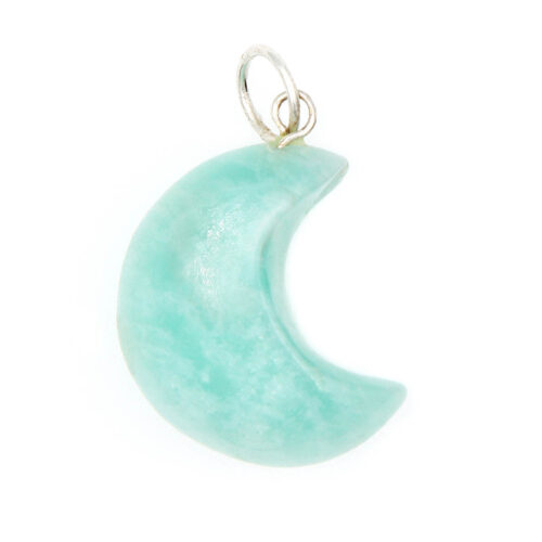 Amazonite crescent moon pendent. Turquoise-blue fat stone, with a simple silver clasp that can fit on most chains.
