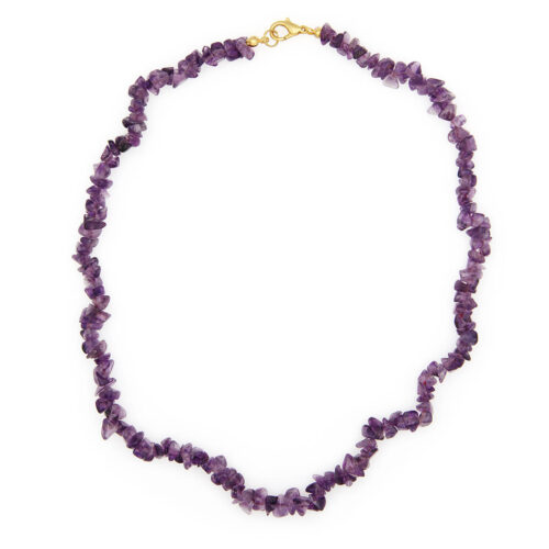 Vivid purple Amethyst chip necklace with a gold clasp. The beads are irregularly shaped tumbled stones with soft edges.