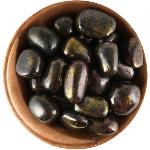 Bowl of tumbled Bornite. Irregularly shaped polished stones, dark grey and gold