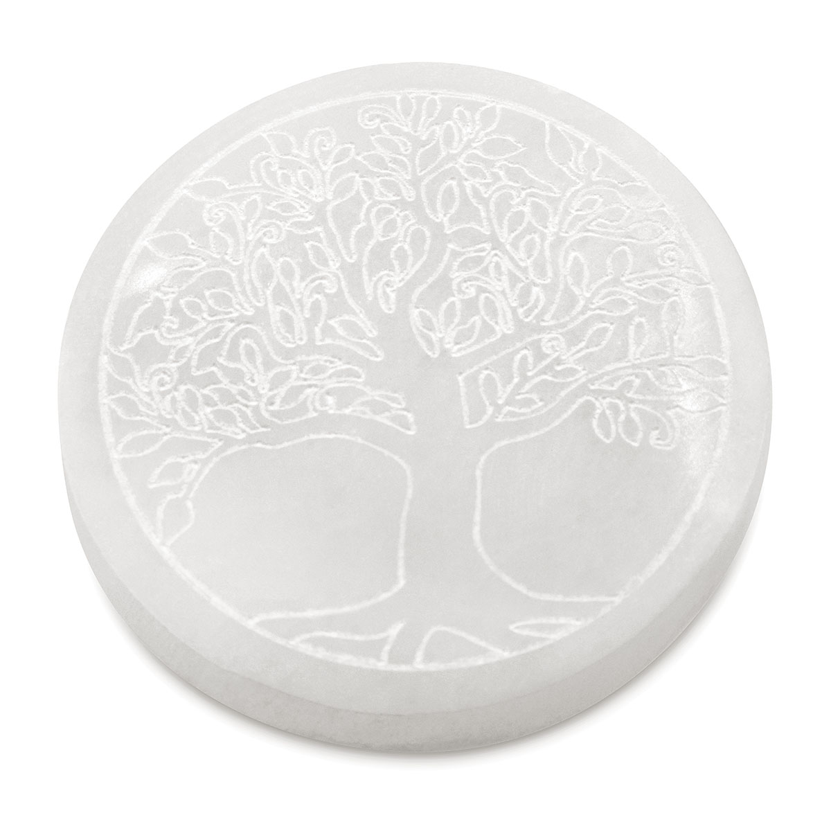 Thick white plate of Selenite with a tree of life carving.