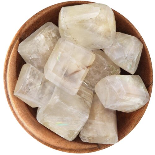 Bowl of polished blocks of Clear Calcite, translucent with a very faint golden glow