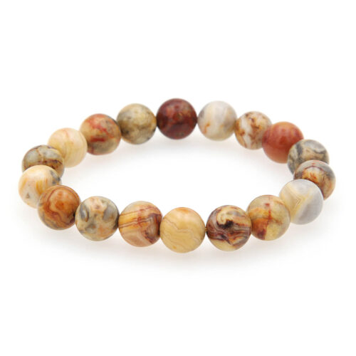 Crazy Lace Agate bracelet, round beads on a stretchy string. Mostly yellow and reds with fun patterns