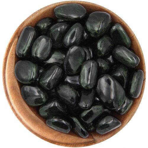 Bowl of tumbled Diopside. Polished smooth stones, very dark vivid green and black.