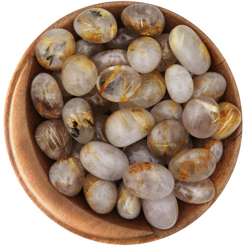 Bowl of tumbled Gold Rutilated Quartz. Round smoothly polished stones, white and clear, with vivid yellow rutile inclusions, and occasional inclusions of black tourmaline too