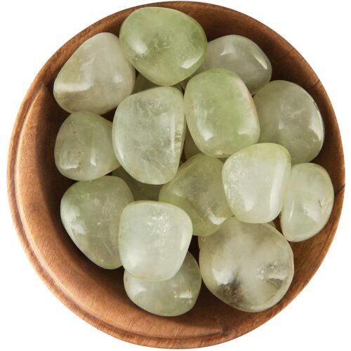 Bowl of tumbled Green Apophyllite. Rounded stones, pale green