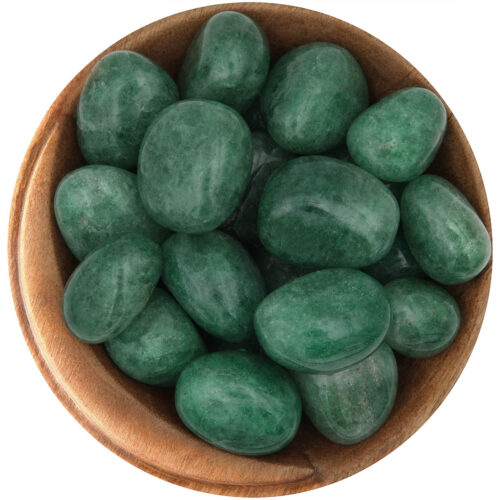 Bowl of polished Green Aventurine stones. Rounded stones, vivid green and sparkly