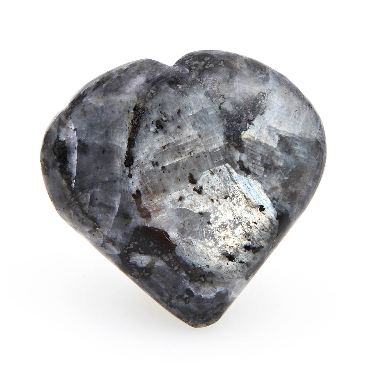 Flat Larvikite heart, perfectly smooth with a rounded tip. Mostly gray, but with iridescent silver shimmers.