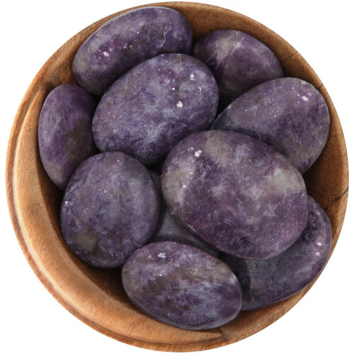 Bowl of polished Lepidolite palm stones. Vivid purple with some off-white Quartz inclusions. Stones are smooth and very sparkly.