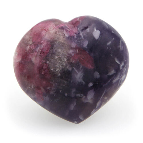 Puffy Pegmatite heart, perfectly smooth with a softly rounded tip. A mixture of bright pink, dark purple and off-white.