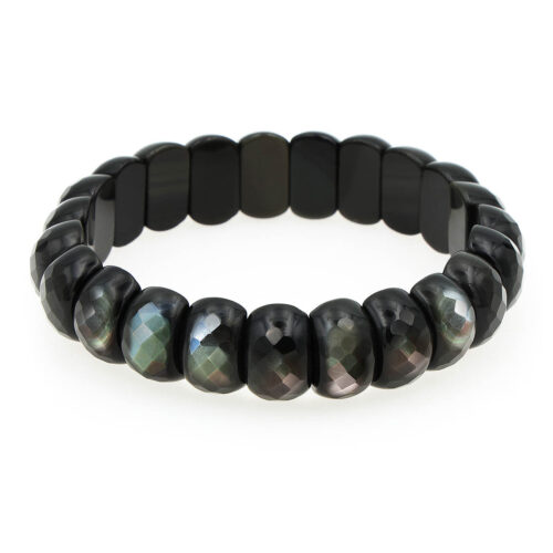 Rainbow Obsidian bracelet, faceted on the outward side to show off the colors, smooth on the inside for comfort. On a stretchy string.