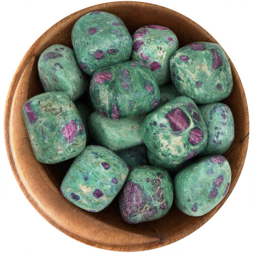 Bowl of polished Ruby Fuchsite. Fat, rounded shapes, polished smooth. Vivid green with bright ruby crystal inclusions.