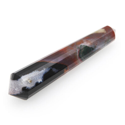 Polished Sardonyx massage wand with sharp points at both end. Smooth polish and a mixture of colors, mainly red, black, and white.