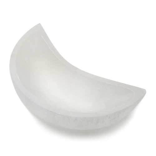 Selenite bowl shaped like a crescent moon. Pure white