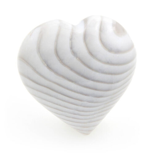 Puffy fossilized Shell heart, perfectly smooth with a softly rounded tip. White with gray stripes