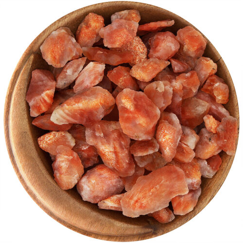 Bowl of rough Sunstone. Irregular chips, bright orange and very sparkly.