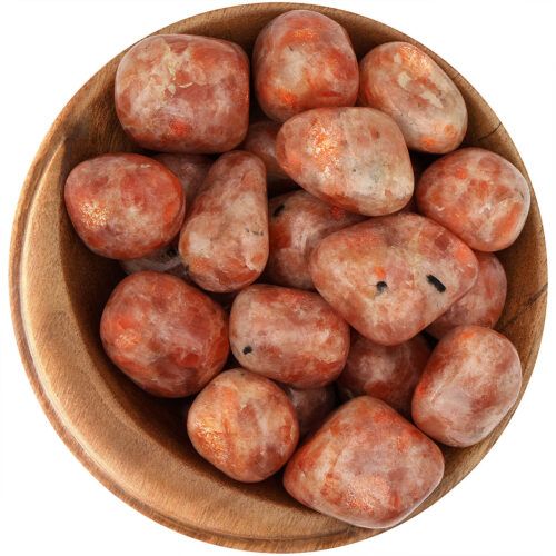 Bowl of tumbled Sunstone. Rounded orange stones with brighter orange sparkles. May have minor black inclusions.